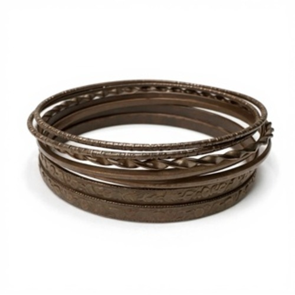 Bronze Tone Textured Bangle Bracelet Set 7pc Floral Hammered Twisted Stackable